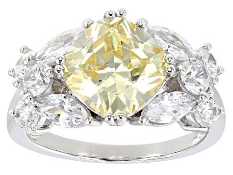 Yellow And White Cubic Zirconia Rhodium Over Sterling Silver Ring 7.57ctw