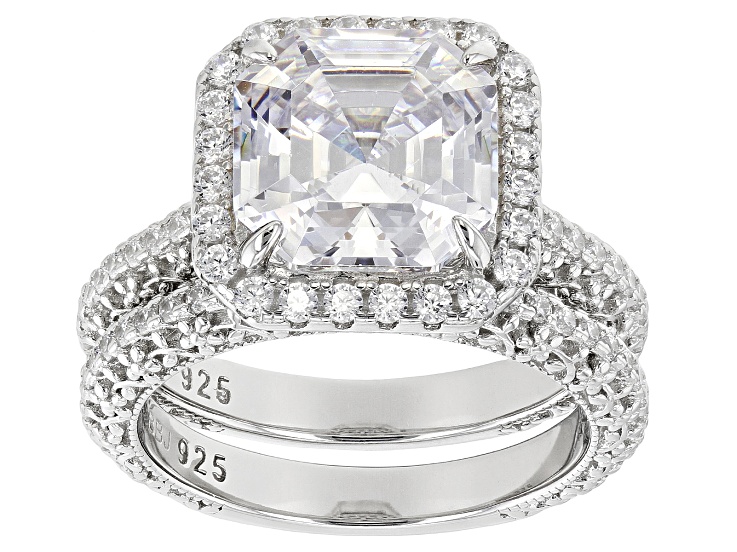White Cubic Zirconia Platinum Over Sterling Silver Asscher Cut Ring With Band 9.52ctw