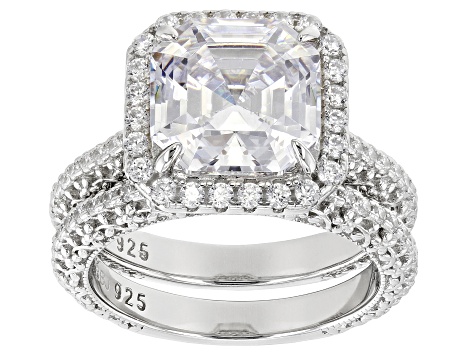 White Cubic Zirconia Platinum Over Sterling Silver Asscher Cut Ring With Band 9.52ctw