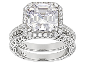 White Cubic Zirconia Platinum Over Sterling Silver Asscher Cut Ring With Band 9.52ctw