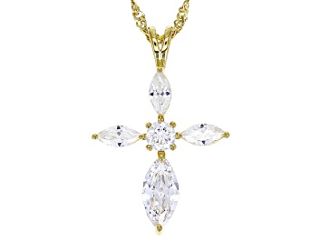 Picture of White Cubic Zirconia 18k Yellow Gold Over Sterling Silver Cross Pendant With Chain 2.88ctw