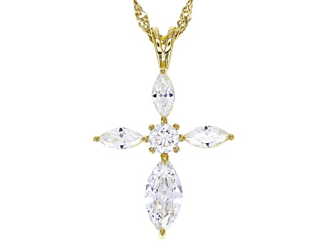 White Cubic Zirconia 18k Yellow Gold Over Sterling Silver Cross Pendant With Chain 2.88ctw