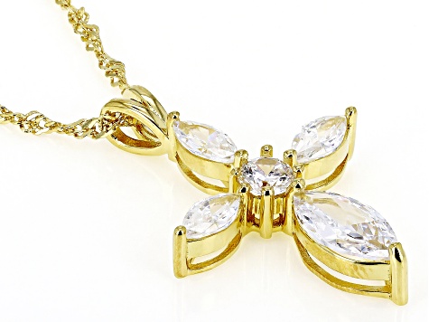 White Cubic Zirconia 18k Yellow Gold Over Sterling Silver Cross Pendant With Chain 2.88ctw