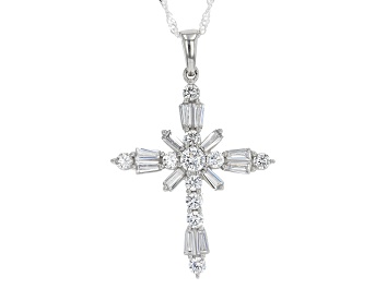 Picture of White Cubic Zirconia Platinum Over Sterling Silver Cross Pendant With Chain 4.09ctw