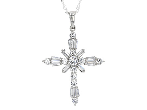 White Cubic Zirconia Platinum Over Sterling Silver Cross Pendant With Chain 4.09ctw