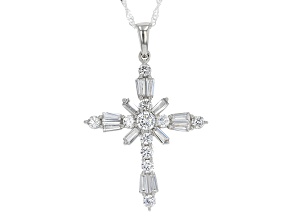 White Cubic Zirconia Platinum Over Sterling Silver Cross Pendant With Chain 4.09ctw