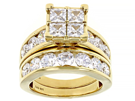 White Cubic Zirconia 18k Yellow Gold Over Sterling Silver Ring With Band 6.20ctw