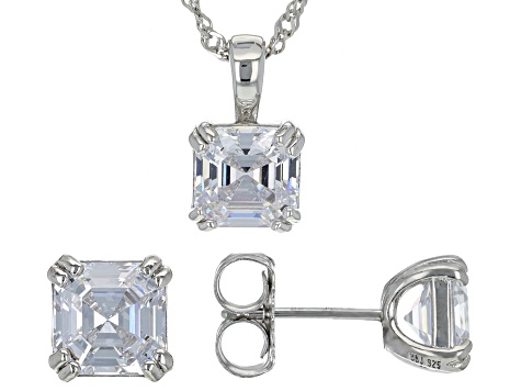 White Cubic Zirconia Platinum Over Sterling Silver Asscher Cut Jewlery Set 8.22ctw