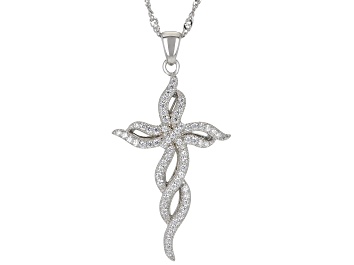 Picture of White Cubic Zirconia Rhodium Over Sterling Silver Cross Pendant With Chain 0.96ctw