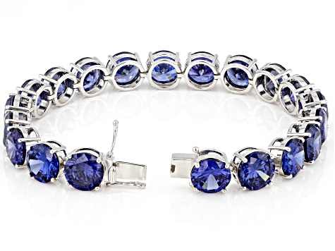 Blue Cubic Zirconia Rhodium Over Sterling Silver Tennis Bracelet 