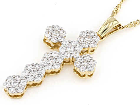 White Cubic Zirconia 18k Yellow Gold Over Sterling Silver Cross Pendant With Chain 1.15ctw