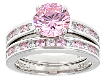 Picture of Pink And White Cubic Zirconia Rhodium Over Sterling Silver Ring Set 4.74ctw