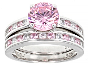 Pink And White Cubic Zirconia Rhodium Over Sterling Silver Ring Set 4.74ctw