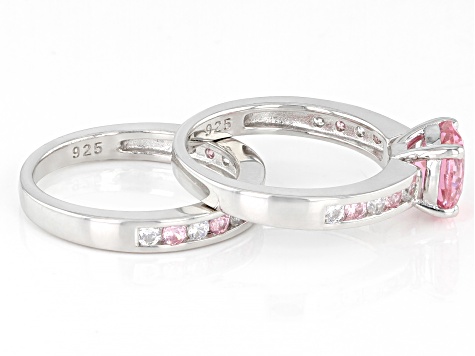 Pink And White Cubic Zirconia Rhodium Over Sterling Silver Ring Set 4.74ctw