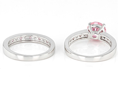 Pink And White Cubic Zirconia Rhodium Over Sterling Silver Ring Set 4.74ctw