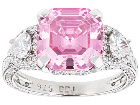 Pink And White Cubic Zirconia Rhodium Over Sterling Silver Asscher Cut Ring 11.45ctw