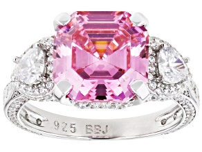 Pink And White Cubic Zirconia Rhodium Over Sterling Silver Asscher Cut Ring 11.45ctw