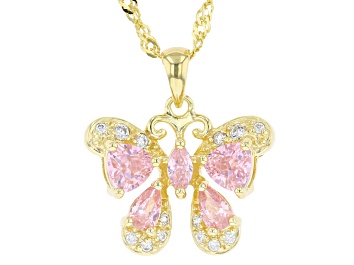 Picture of Pink And White Cubic Zirconia 18k Yellow Gold Over Sterling Silver Butterfly Pendant 2.81ctw