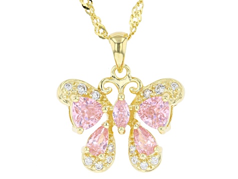 Pink And White Cubic Zirconia 18k Yellow Gold Over Sterling Silver Butterfly Pendant 2.81ctw