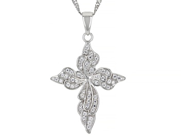 Picture of White Cubic Zirconia Platinum Over Sterling Silver Cross Pendant With Chain 0.96ctw
