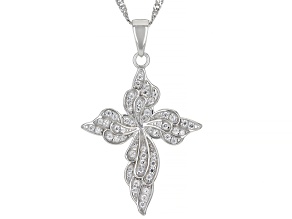 White Cubic Zirconia Platinum Over Sterling Silver Cross Pendant With Chain 0.96ctw