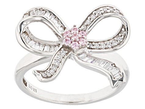 Pink And White Cubic Zirconia Rhodium Over Sterling Silver Bow Ring 0.55ctw