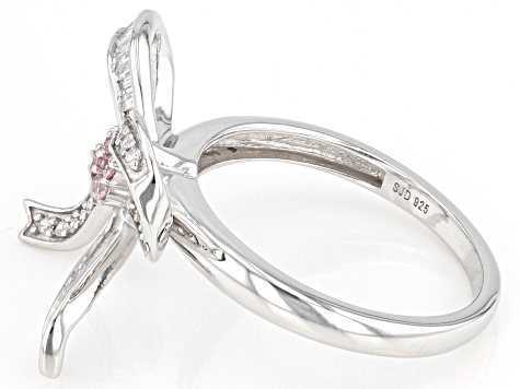 Pink And White Cubic Zirconia Rhodium Over Sterling Silver Bow Ring 0.55ctw