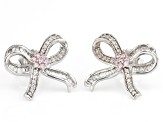 Pink And White Cubic Zirconia Rhodium Over Sterling Silver Bow Earrings 0.85ctw