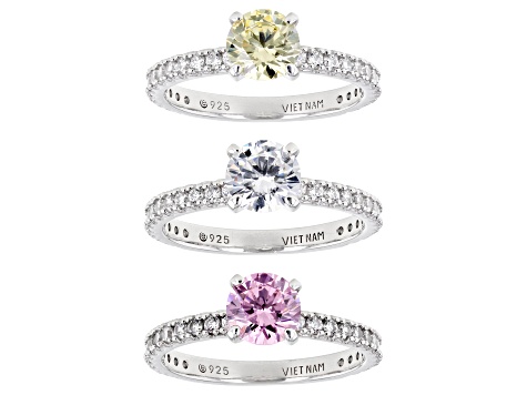 Pink, Canary, And White Cubic Zirconia Platinum Over Sterling Silver Ring Set 4.17ctw