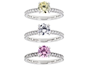 Pink, Canary, And White Cubic Zirconia Platinum Over Sterling Silver Ring Set 4.17ctw