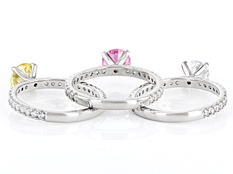 Pink, Canary, And White Cubic Zirconia Platinum Over Sterling Silver Ring Set 4.17ctw