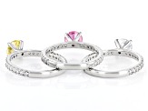 Pink, Canary, And White Cubic Zirconia Platinum Over Sterling Silver Ring Set 4.17ctw