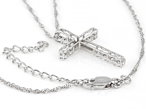 White Cubic Zirconia Platinum Over Sterling Silver Cross Pendant With Chain 1.00ctw