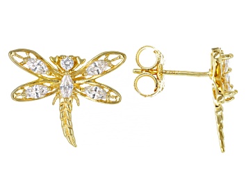 Picture of White Cubic Zirconia 18K Yellow Gold Over Sterling Silver Dragonfly Earrings 1.53ctw