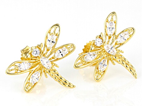 White Cubic Zirconia 18K Yellow Gold Over Sterling Silver Dragonfly Earrings 1.53ctw