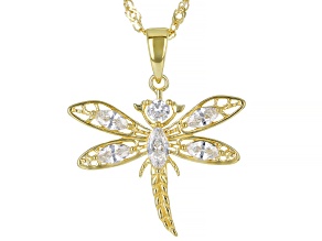 White Cubic Zirconia 18K Yellow Gold Over Sterling Silver Dragonfly Pendant With Chain 1.65ctw