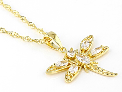 White Cubic Zirconia 18K Yellow Gold Over Sterling Silver Dragonfly Pendant With Chain 1.65ctw