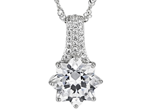 White Cubic Zirconia Rhodium Over Sterling Silver Flower Pendant With Chain 7.11ctw