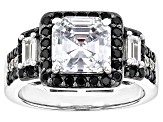 Black And White Cubic Zirconia Rhodium Over Sterling Silver Asscher Cut Ring 5.73ctw