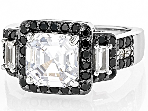 Black And White Cubic Zirconia Rhodium Over Sterling Silver Asscher Cut Ring 5.73ctw