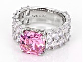 Pink And White Cubic Zirconia Rhodium Over Sterling Silver Asscher Cut Ring 19.48ctw