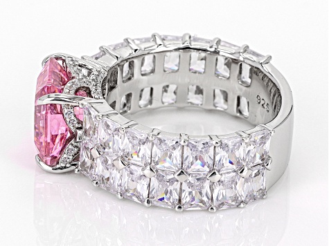 Pink And White Cubic Zirconia Rhodium Over Sterling Silver Asscher Cut Ring 19.48ctw