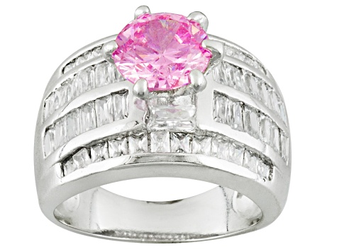 Pink And White Cubic Zirconia Rhodium Over Sterling Silver Ring 6.41ctw