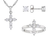 White Cubic Zirconia Rhodium Over Silver Cross Ring, Earring, And Pendant With Chain Set 4.08ctw