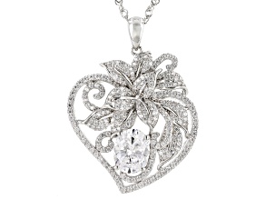 White Cubic Zirconia Rhodium Over Sterling Silver Floral Heart Pendant With Chain 6.73ctw
