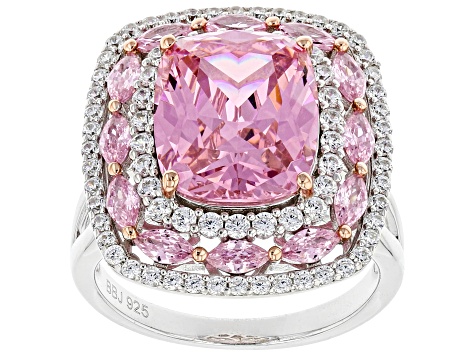 Pink and White Cubic Zirconia Rhodium Over Sterling Silver Ring 11.91ctw