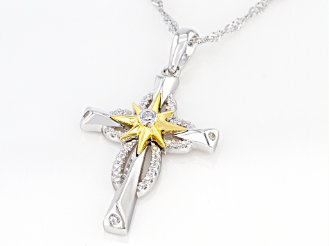 White Cubic Zirconia Rhodium Over Sterling Silver Cross Pendant With Chain 0.32ctw