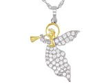 White Cubic Zirconia Rhodium And 18K Yellow Gold Over Silver Angel Pendant With Chain 1.65ctw