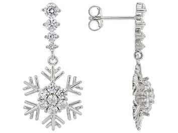 Picture of White Cubic Zirconia Rhodium Over Sterling Silver Dangle Snowflake Earrings 3.08ctw