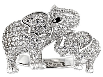 Picture of Black and White Cubic Zirconia Rhodium Over Sterling Silver Elephant Ring 1.54ctw